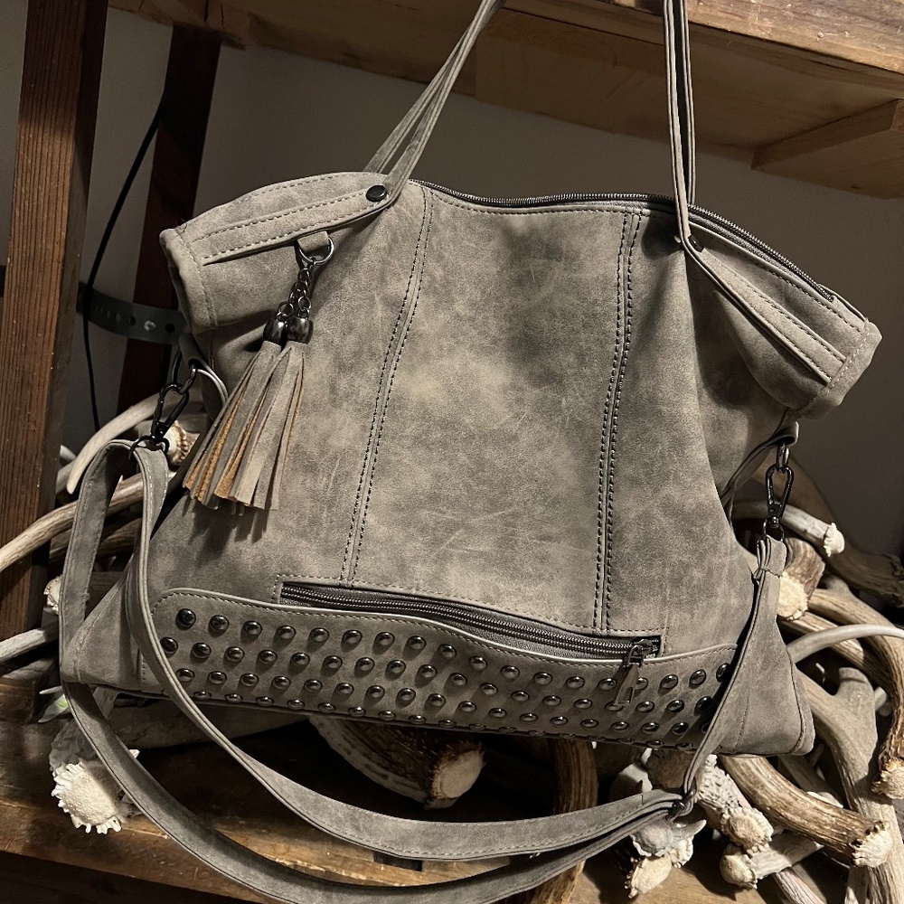 Taupe studded tote bag